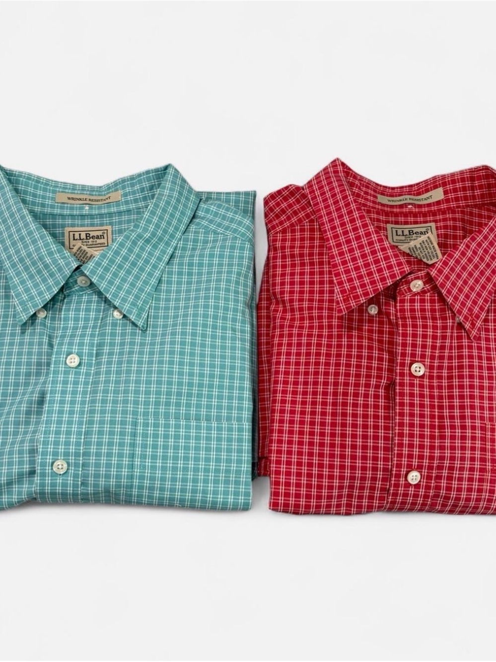 L.L.Bean XXL Tall 2 Pack Red Teal Plaid Cotton Short Sleeve Shirt Bundle
